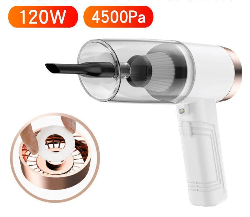 12V car vacuum cleaner with 4500Pa suction power and multiple suction head accessories in black or white colour options