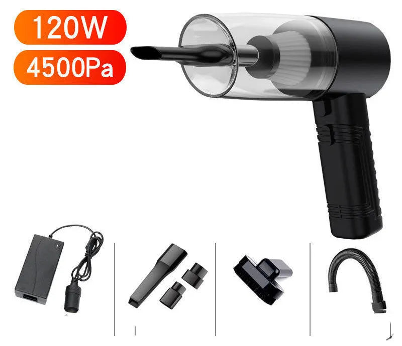 12V car vacuum cleaner with 4500Pa suction power and multiple suction head accessories in black or white colour options