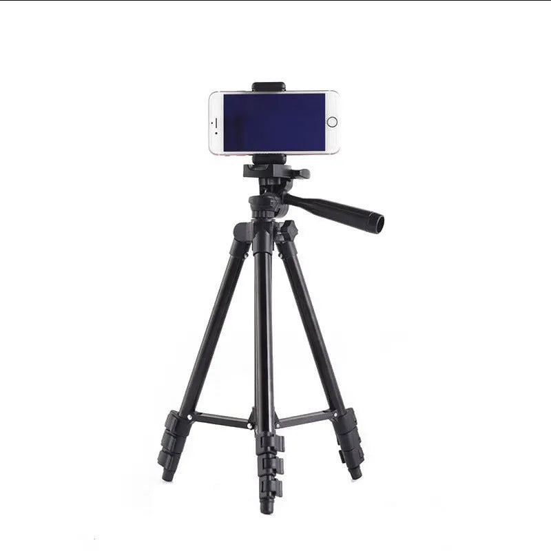 Black aluminum alloy camera tripod with 3D head extended to maximum height compatible with DSLR and iPhone