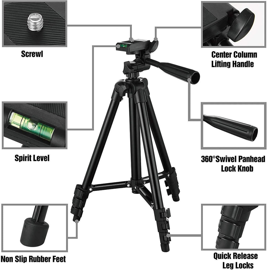 Black aluminum alloy camera tripod with 3D head extended to maximum height compatible with DSLR and iPhone