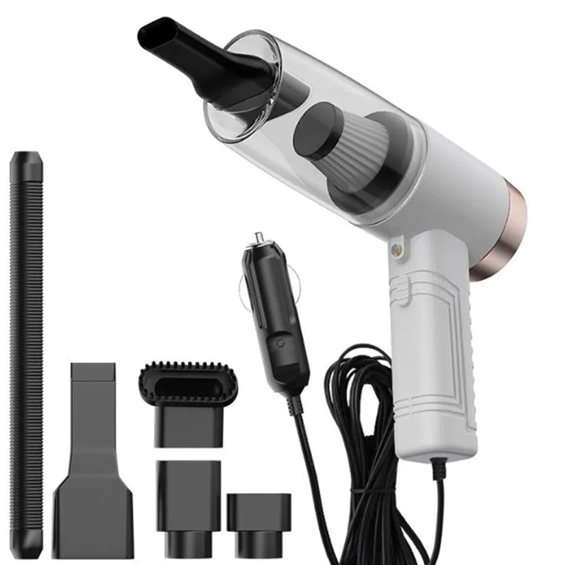12V car vacuum cleaner with 4500Pa suction power and multiple suction head accessories in black or white colour options