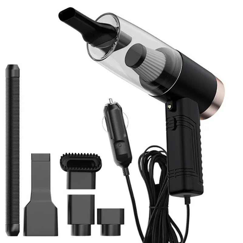 12V car vacuum cleaner with 4500Pa suction power and multiple suction head accessories in black or white colour options
