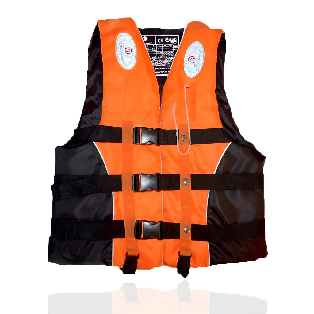 Orange foam life jacket with whistle for adult and child safety in marine or swimming use