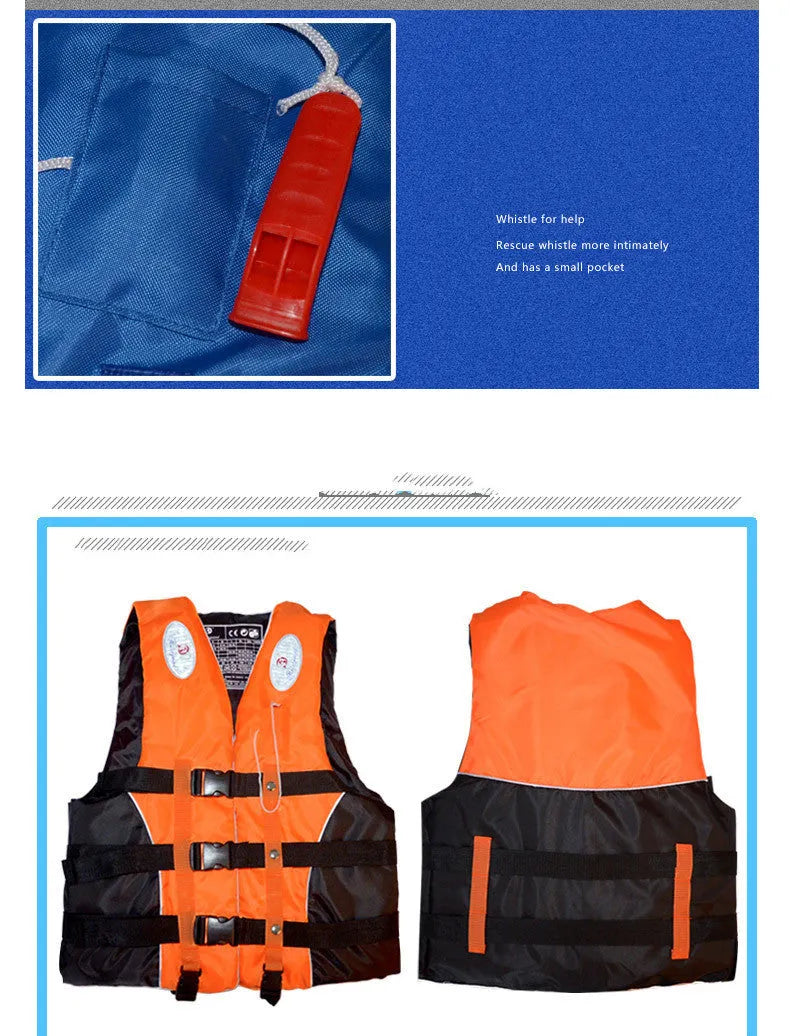 Orange foam life jacket with whistle for adult and child safety in marine or swimming use