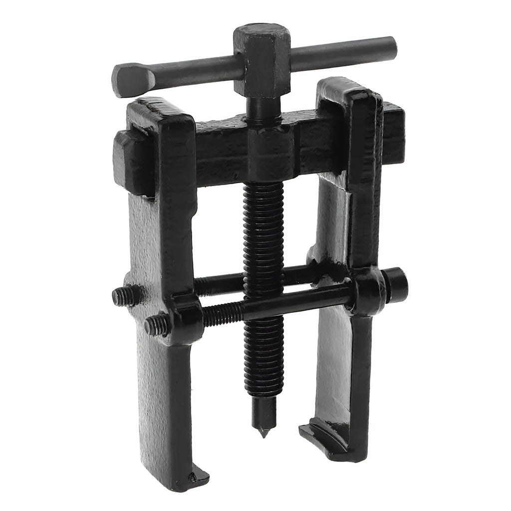 Forged steel two-jaw bearing puller with black finish, showing steel plate and jaws