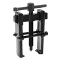 Forged steel two-jaw bearing puller with black finish, showing steel plate and jaws