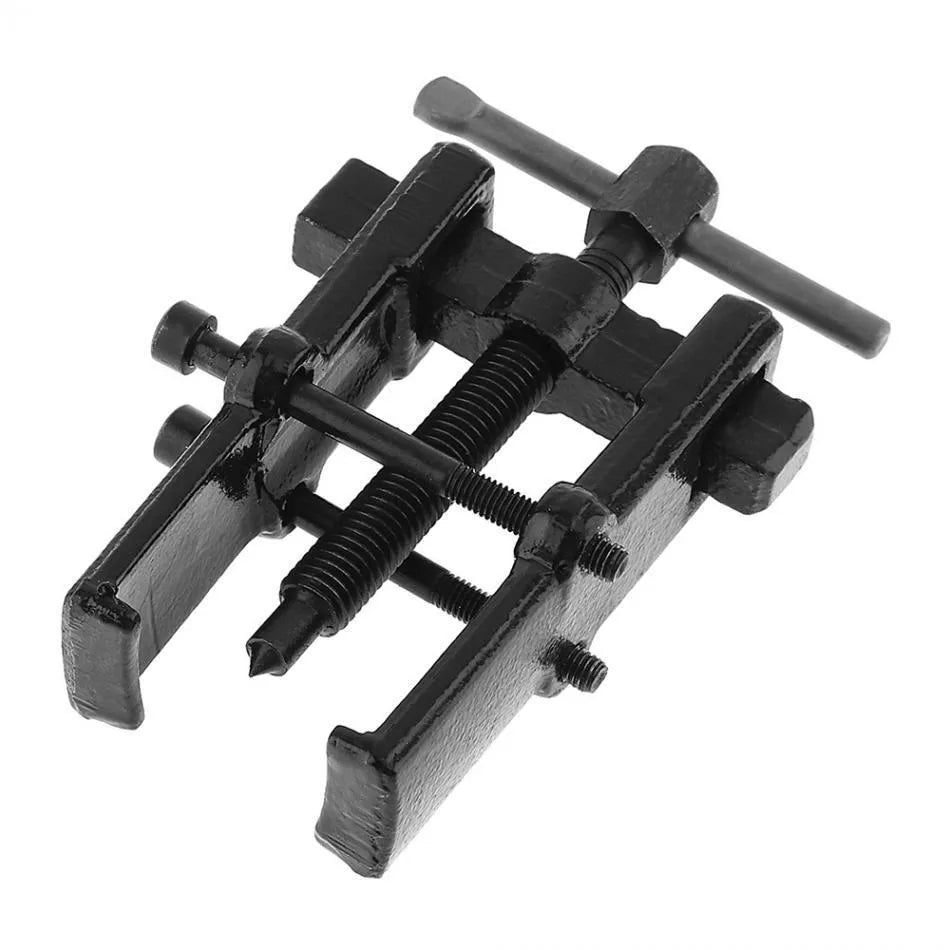 Forged steel two-jaw bearing puller with black finish, showing steel plate and jaws