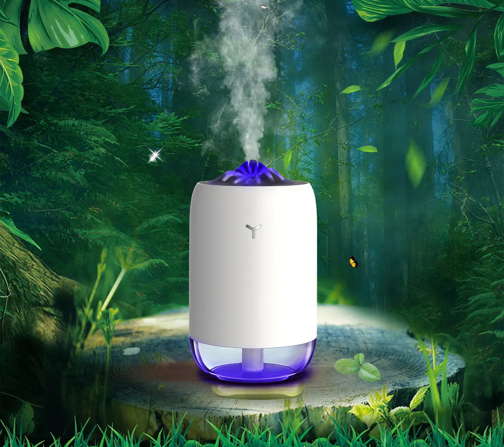 Magic Flame columnar humidifier in white, blue or pink colours with USB cable