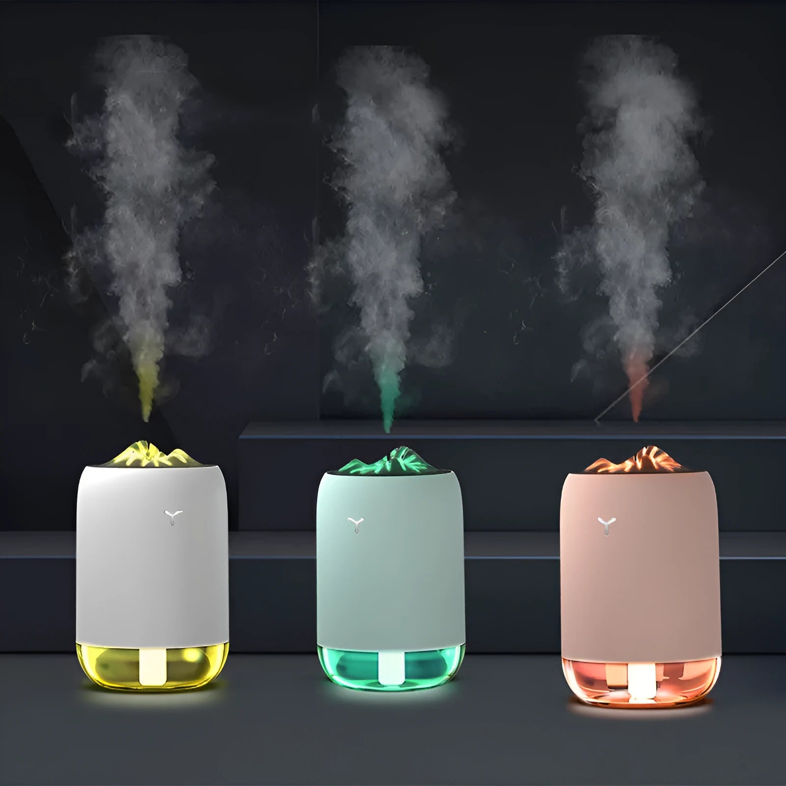 Magic Flame columnar humidifier in white, blue or pink colours with USB cable