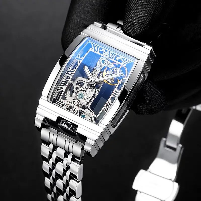 Daystar square mechanical watch with stainless steel case and leather strap showing manual winding movement