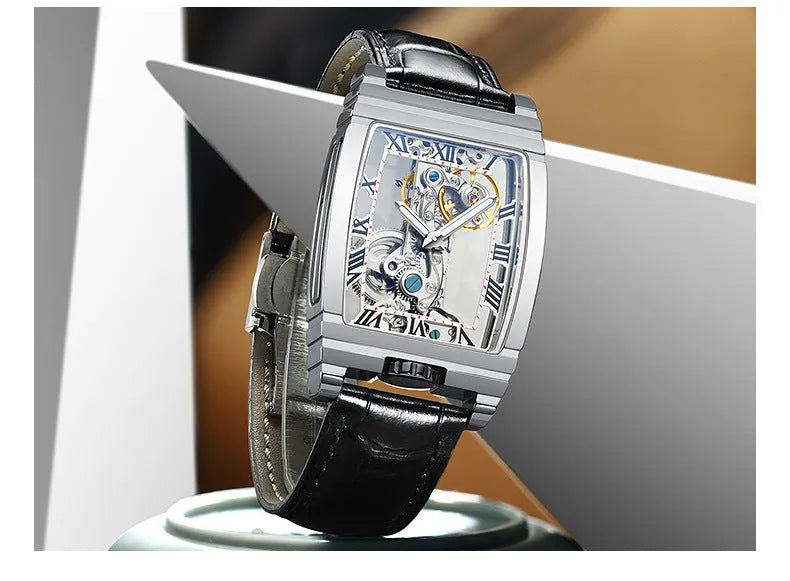 Daystar square mechanical watch with stainless steel case and leather strap showing manual winding movement