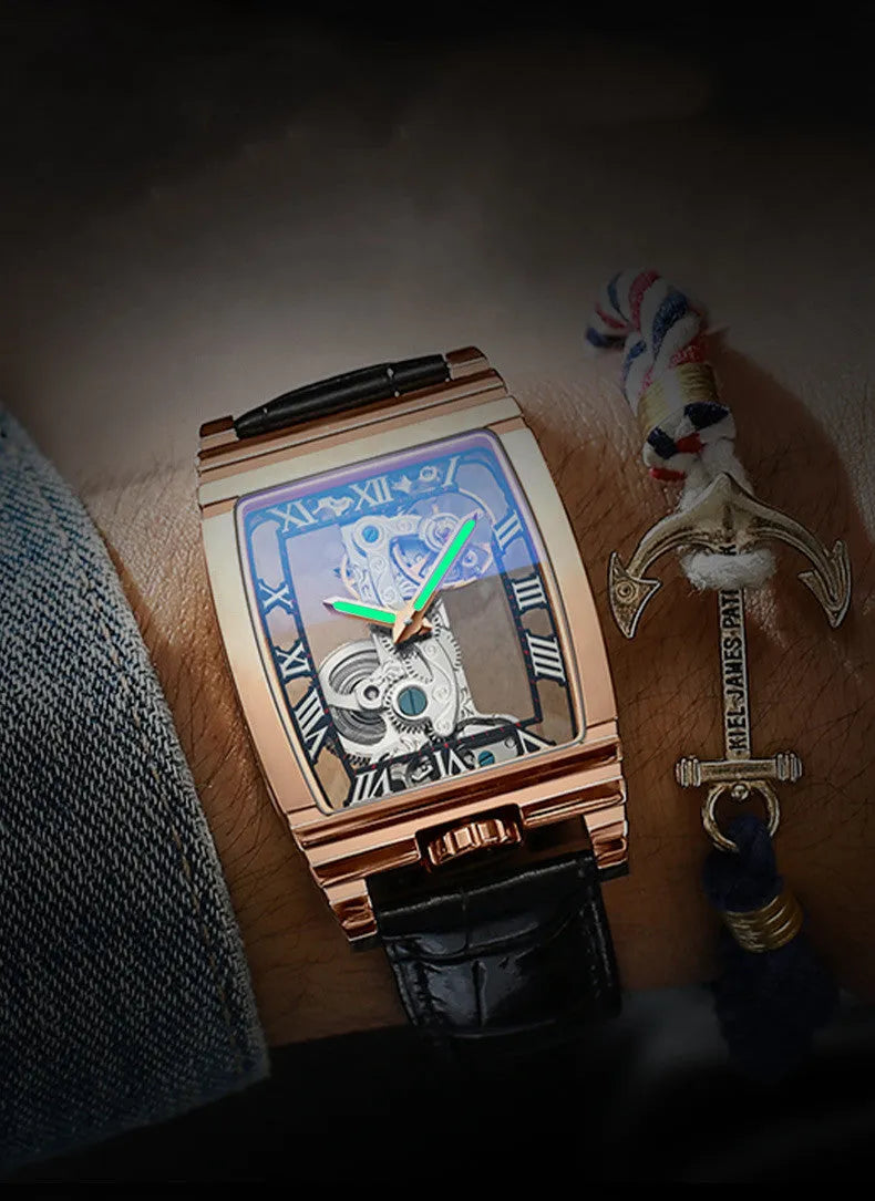 Daystar square mechanical watch with stainless steel case and leather strap showing manual winding movement