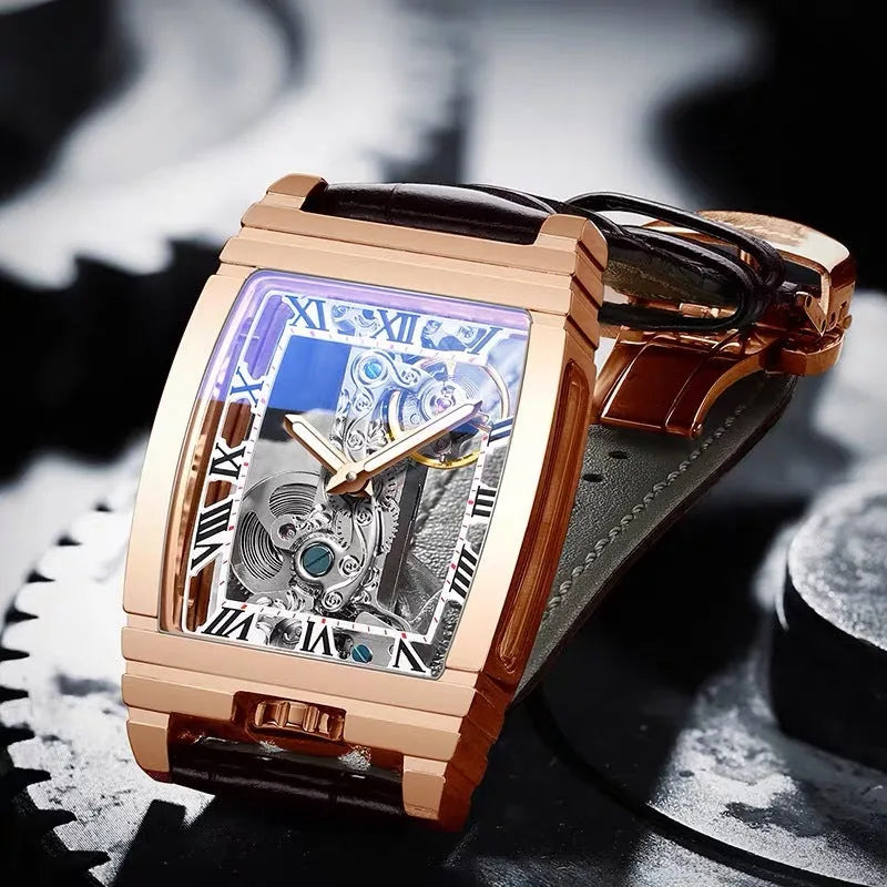 Daystar square mechanical watch with stainless steel case and leather strap showing manual winding movement
