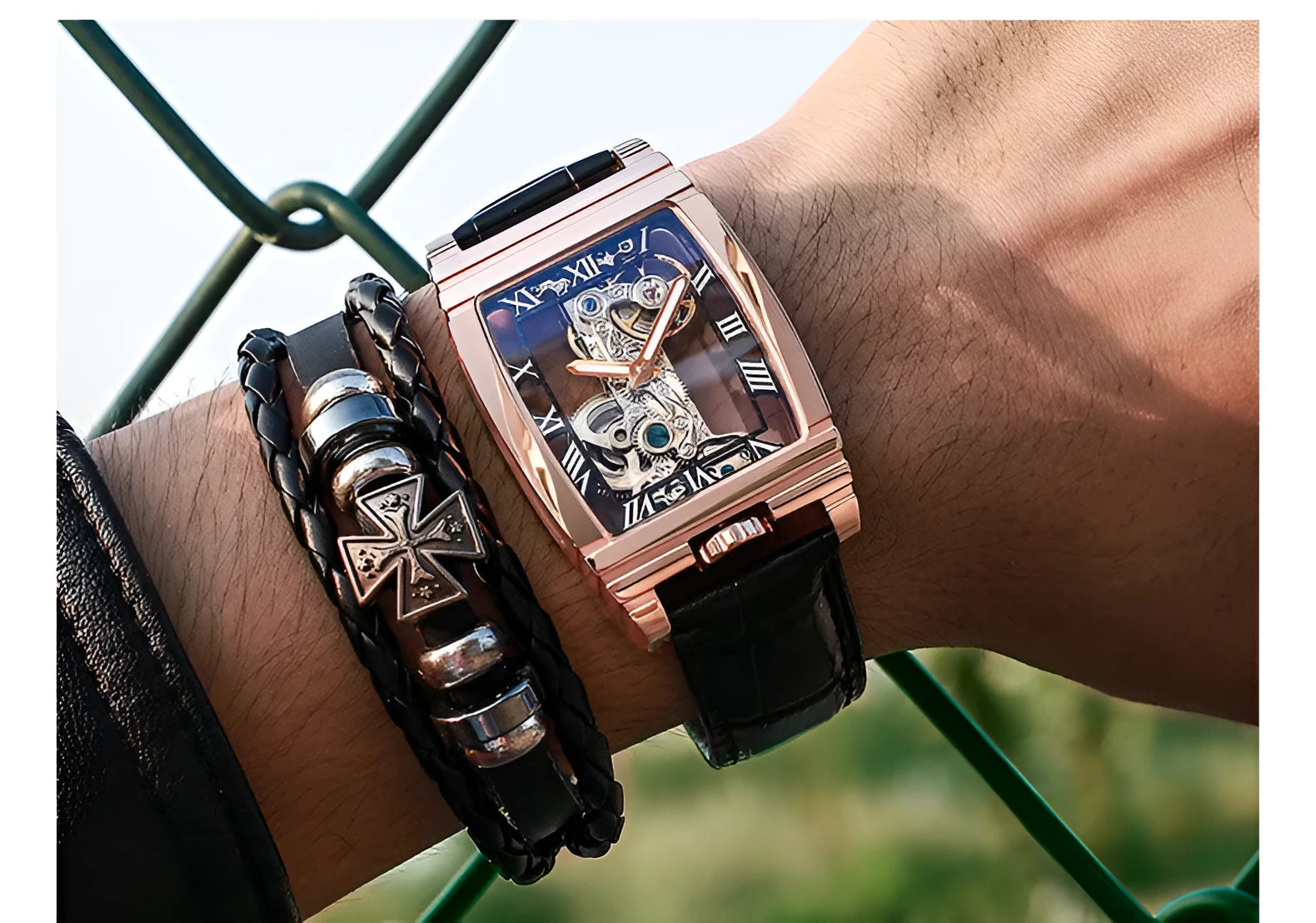 Daystar square mechanical watch with stainless steel case and leather strap showing manual winding movement