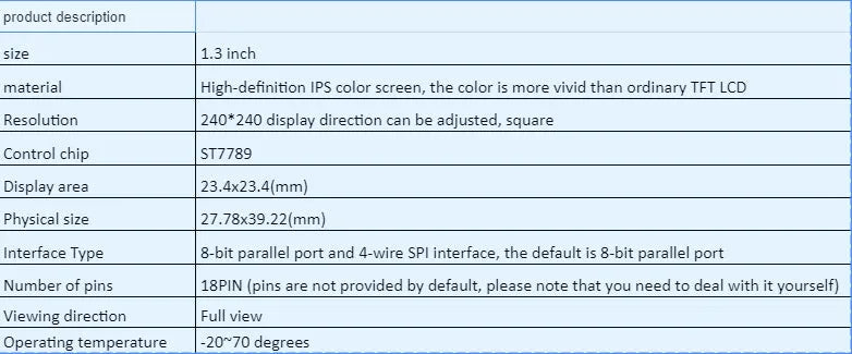 1.3-inch square IPS LCD colour display module with 240x240 resolution and 18PIN connector