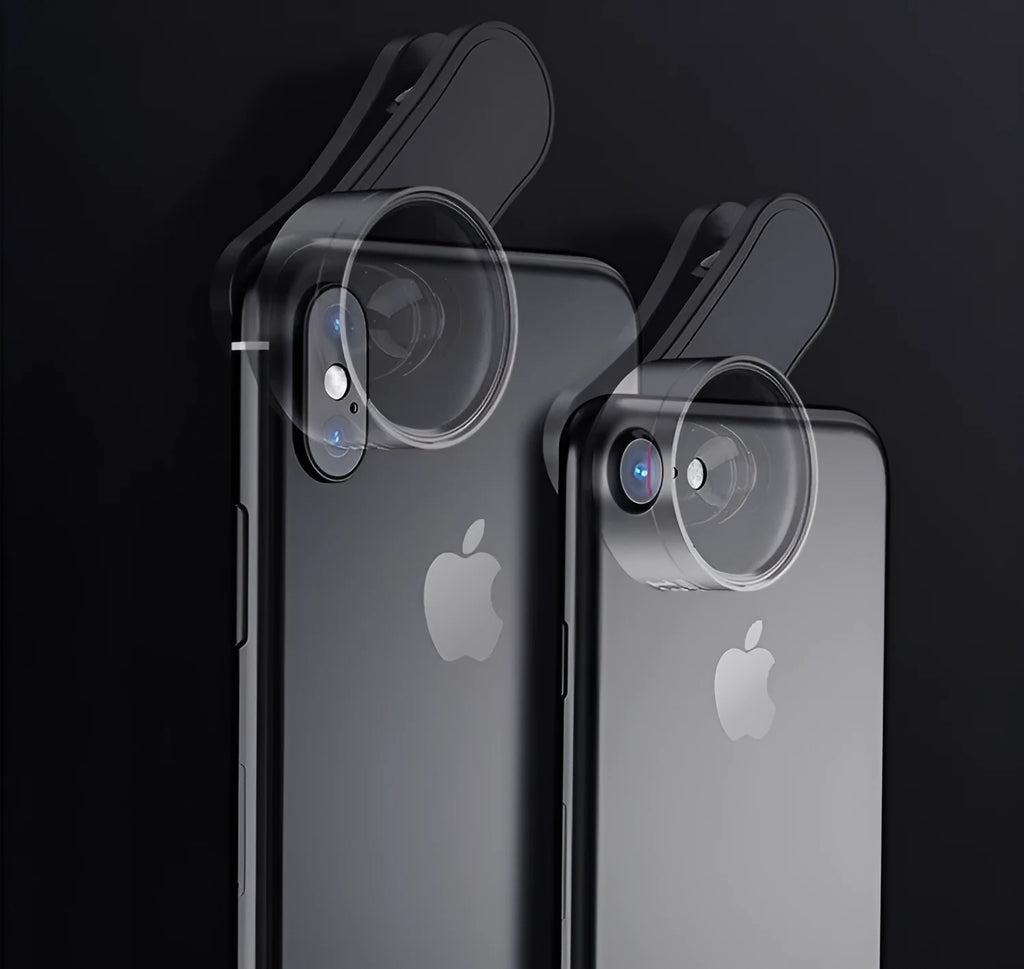 Universal smartphone clip-on camera accessory with LED fill light and detachable wide angle macro lenses