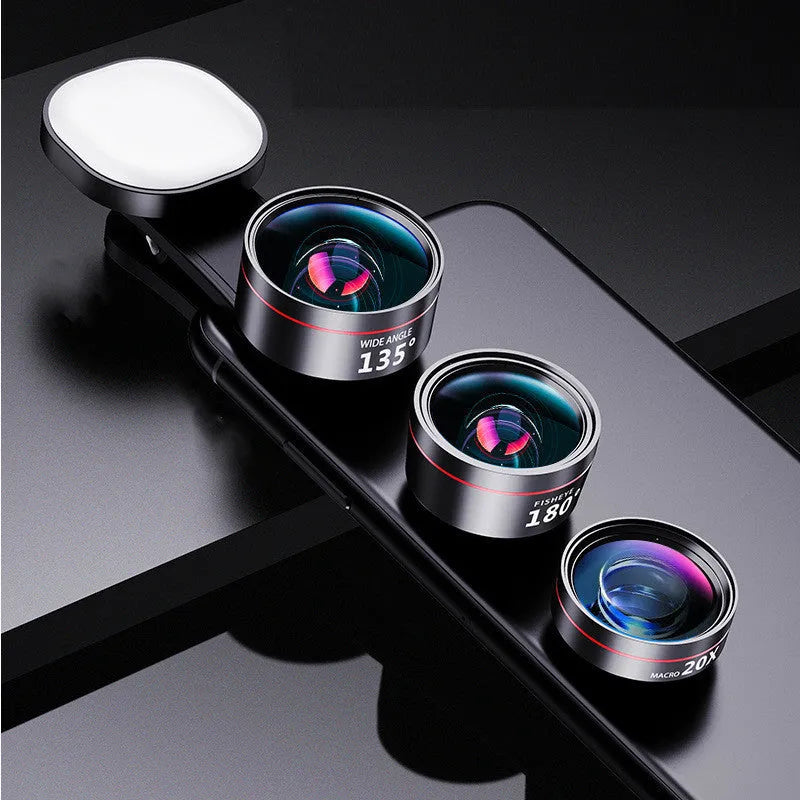 Universal smartphone clip-on camera accessory with LED fill light and detachable wide angle macro lenses