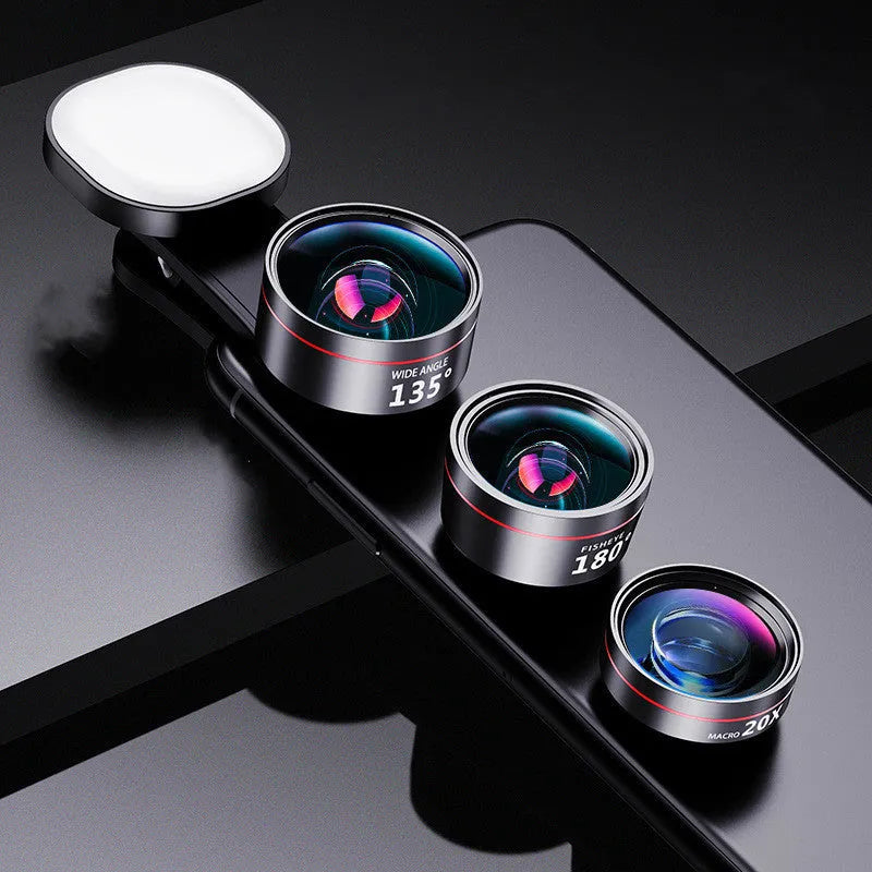 Universal smartphone clip-on camera accessory with LED fill light and detachable wide angle macro lenses