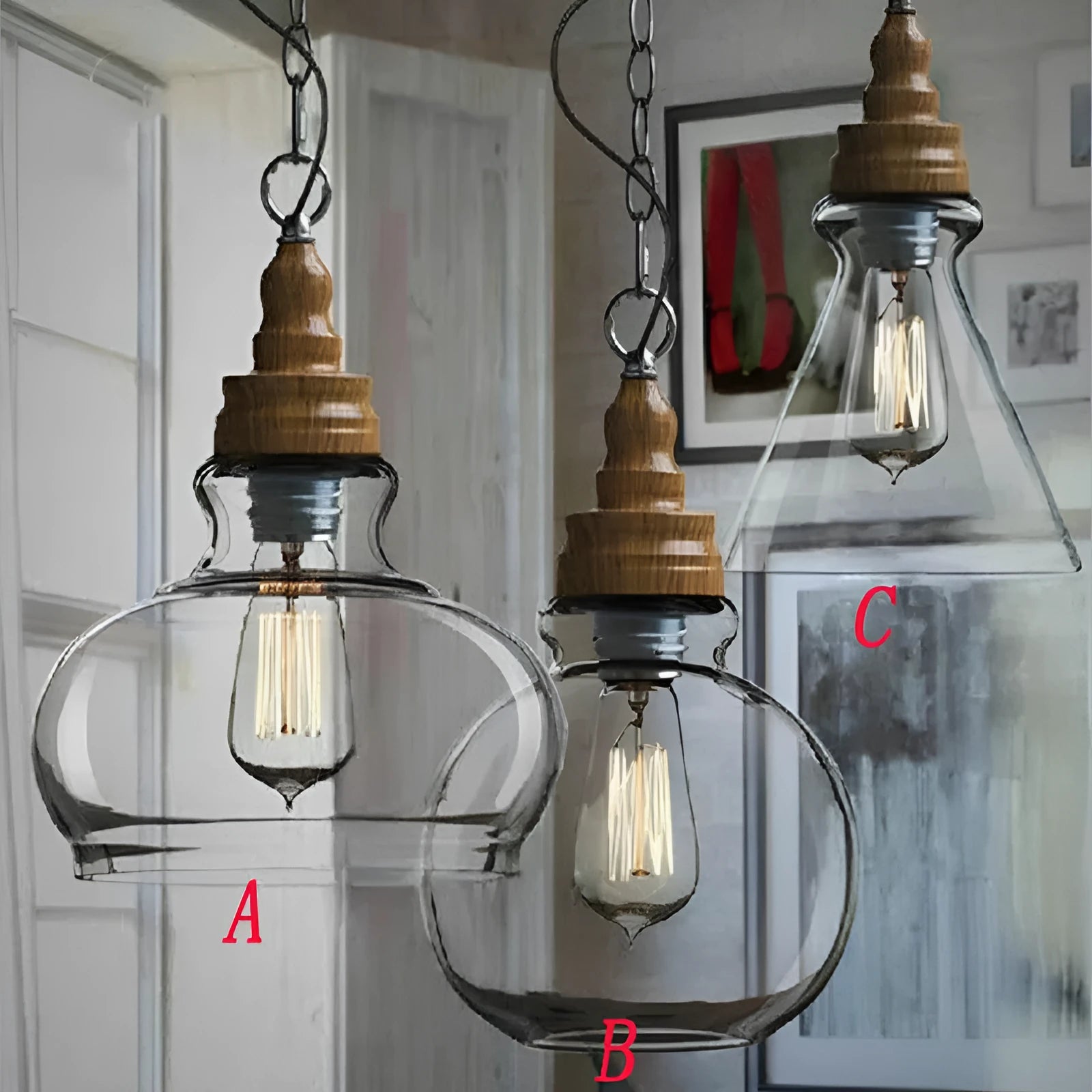 Glass wood grain single head pendant light with adjustable cord in Nordic style