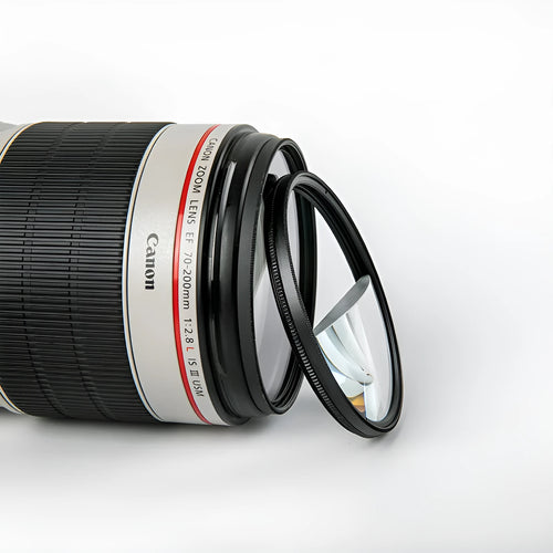 77mm half moon mirror half magnifier camera filter with cleaning cloth and storage bag.