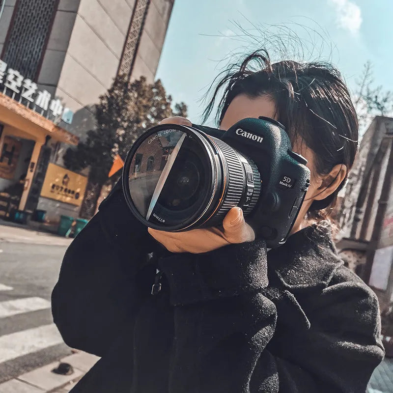 77mm half moon mirror half magnifier camera filter with cleaning cloth and storage bag.