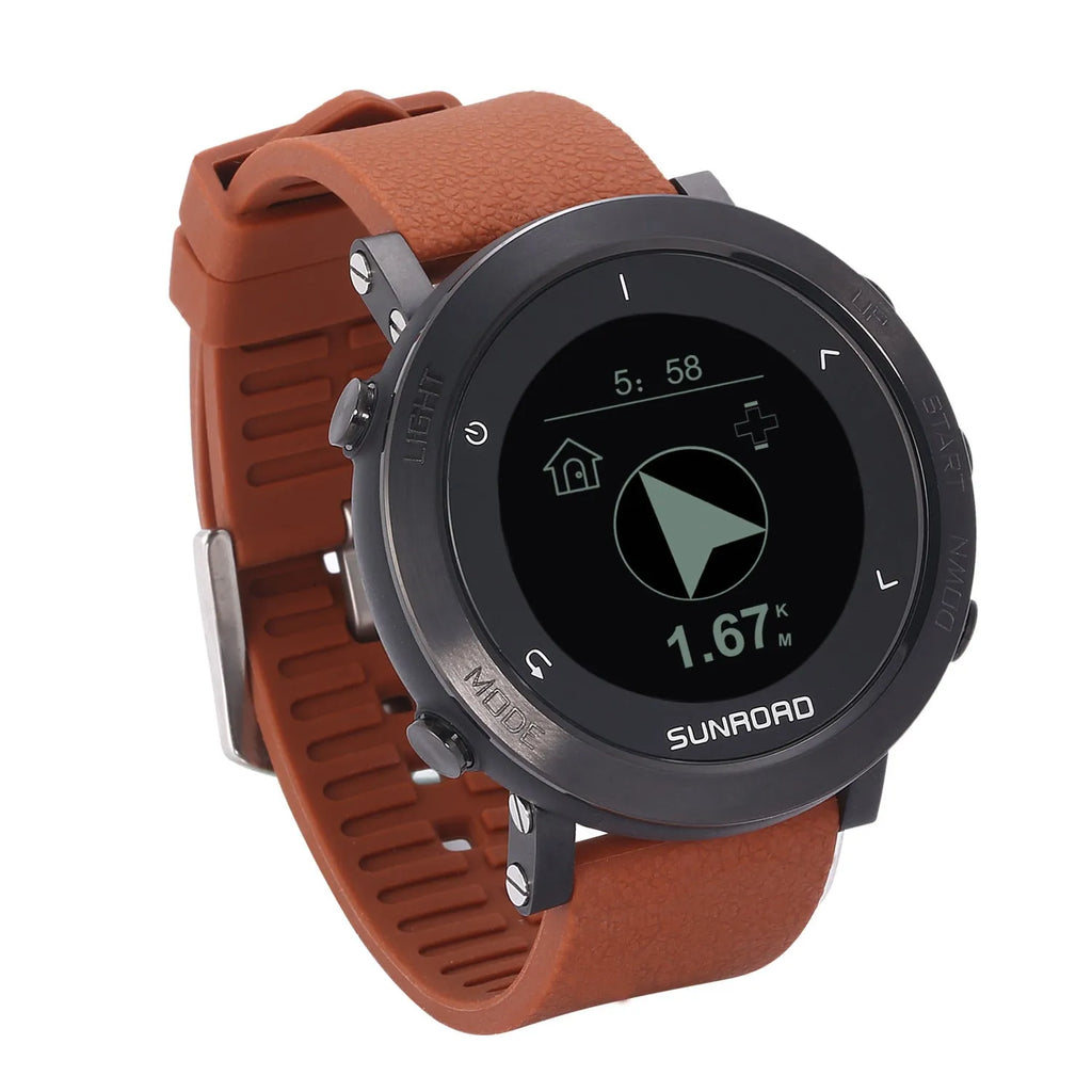 Smart sports watch with stainless steel bezel showing digital display with heart rate and GPS data