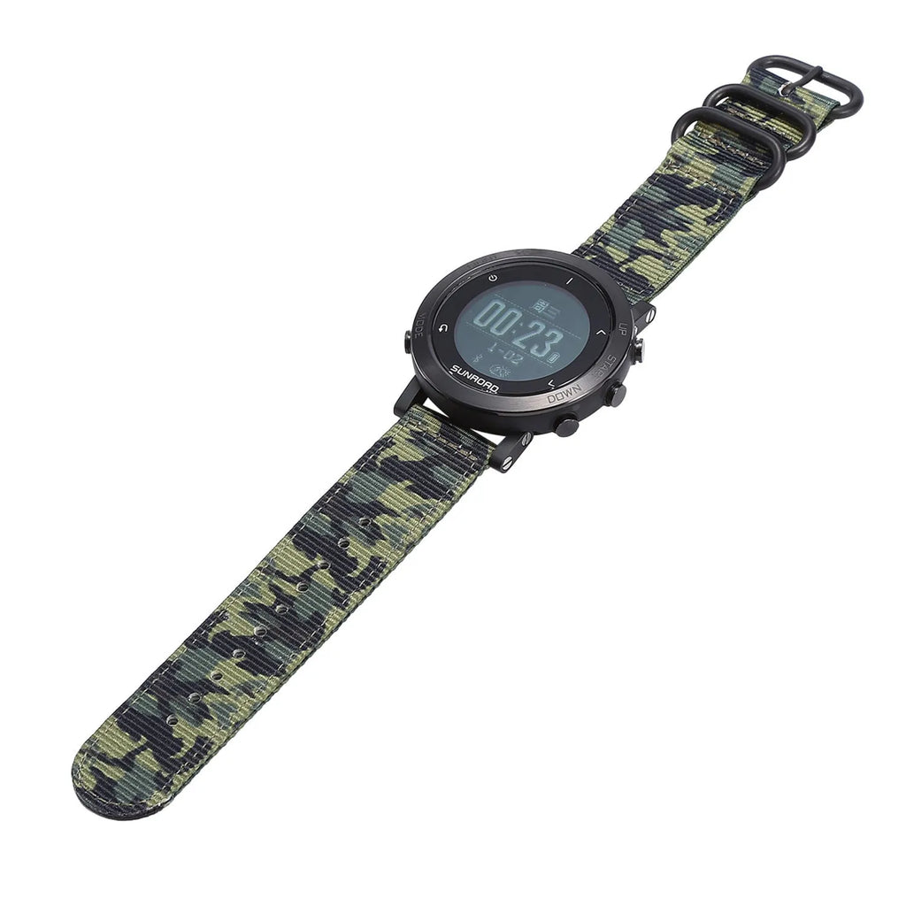 Smart sports watch with stainless steel bezel showing digital display with heart rate and GPS data