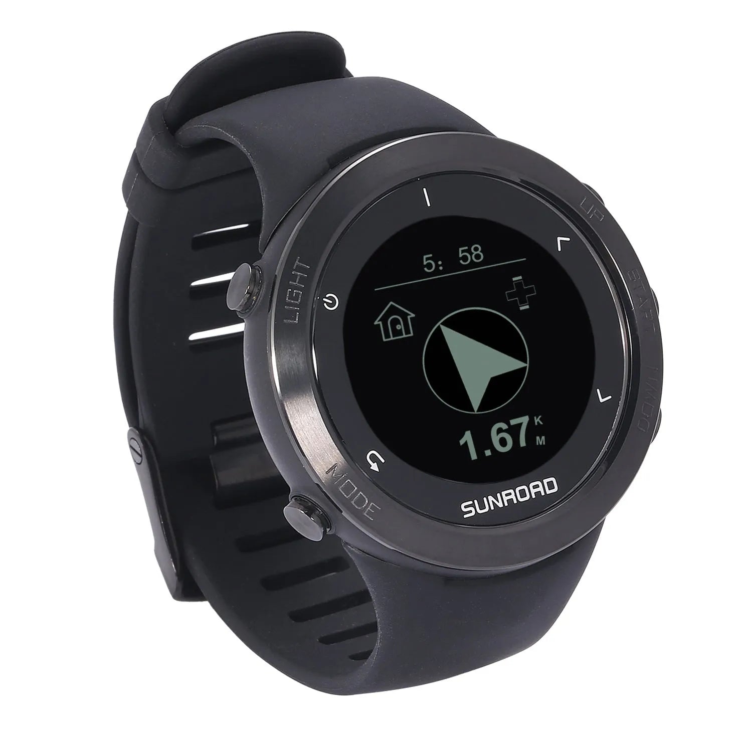 Smart sports watch with stainless steel bezel showing digital display with heart rate and GPS data