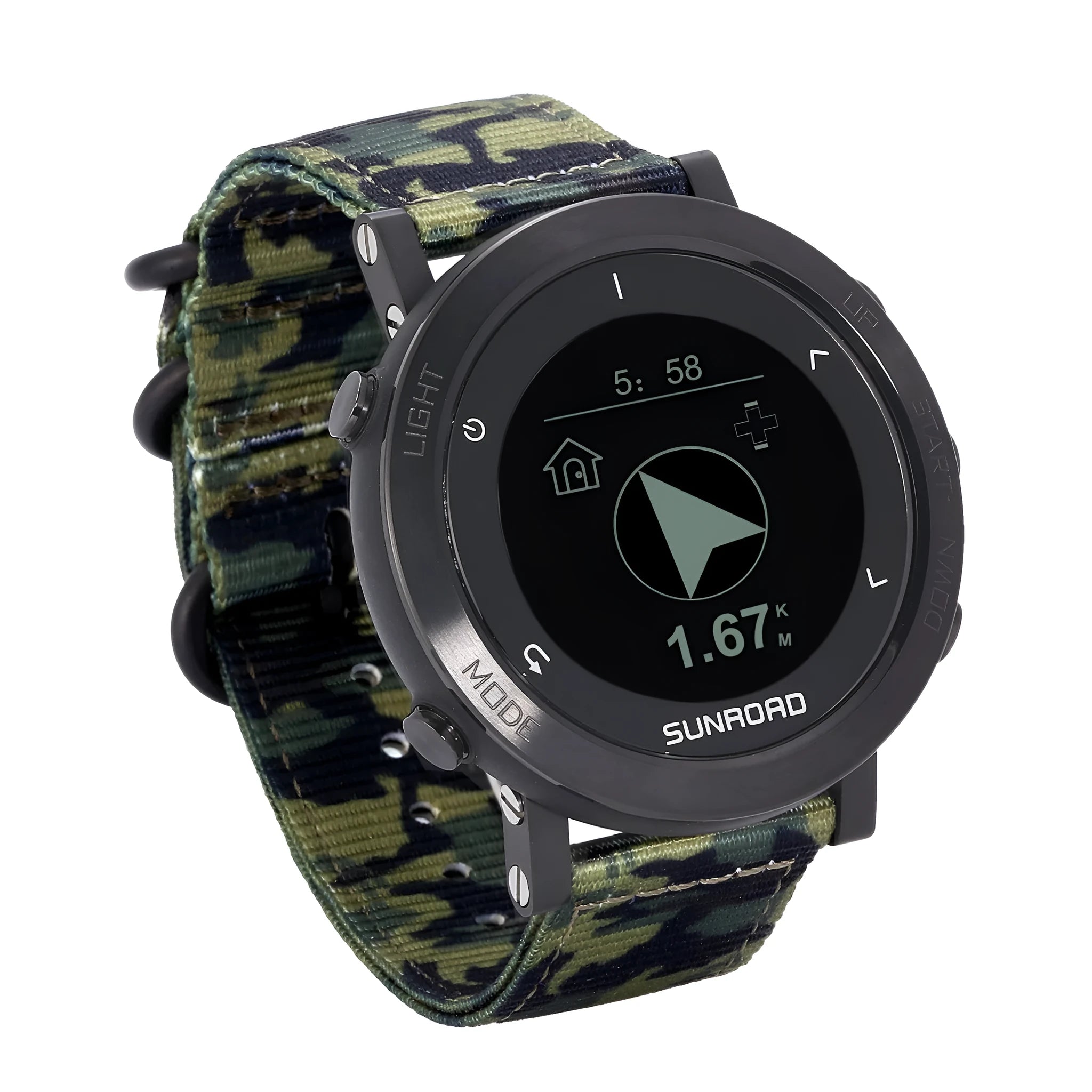Smart sports watch with stainless steel bezel showing digital display with heart rate and GPS data