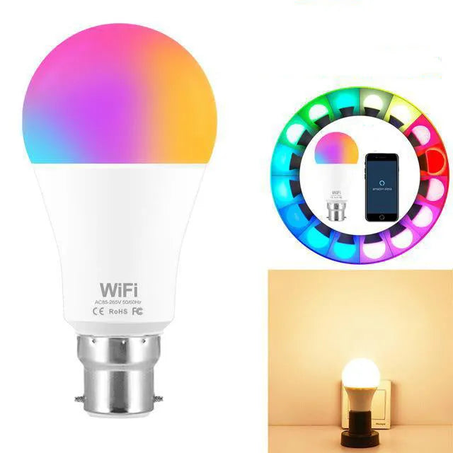 WiFi smart LED light bulb with RGB colour-changing and dimmable white light options.