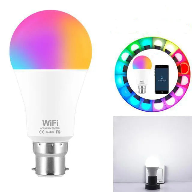 WiFi smart LED light bulb with RGB colour-changing and dimmable white light options.