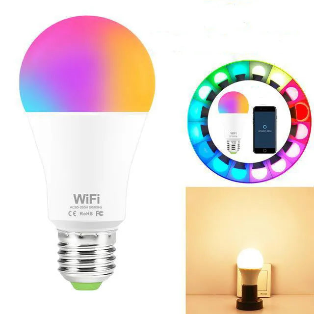 WiFi smart LED light bulb with RGB colour-changing and dimmable white light options.