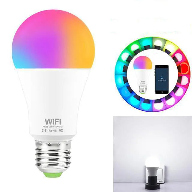 WiFi smart LED light bulb with RGB colour-changing and dimmable white light options.
