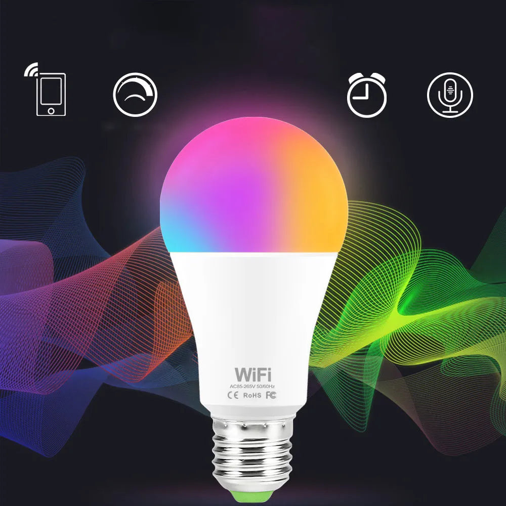 WiFi smart LED light bulb with RGB colour-changing and dimmable white light options.