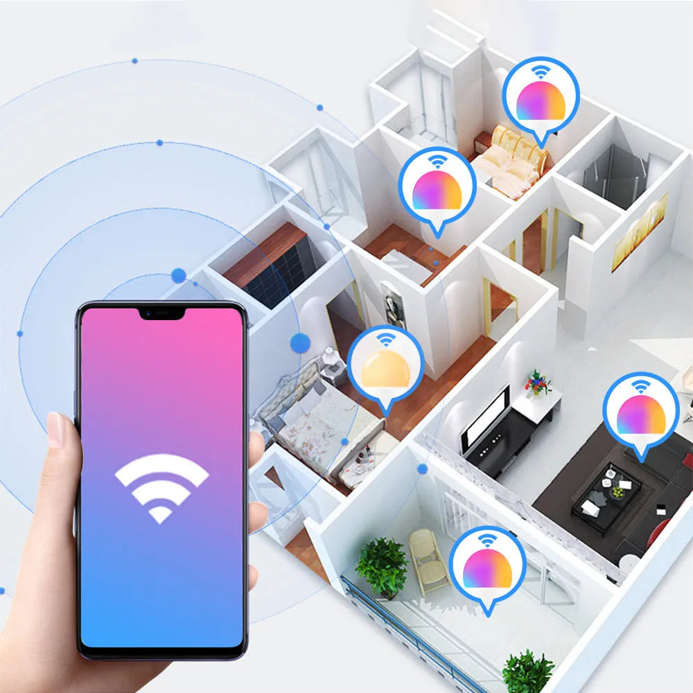 WiFi smart LED light bulb with RGB colour-changing and dimmable white light options.
