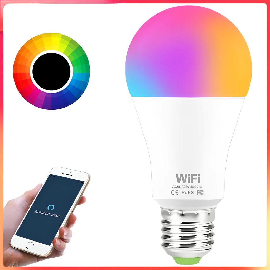 WiFi smart LED light bulb with RGB colour-changing and dimmable white light options.