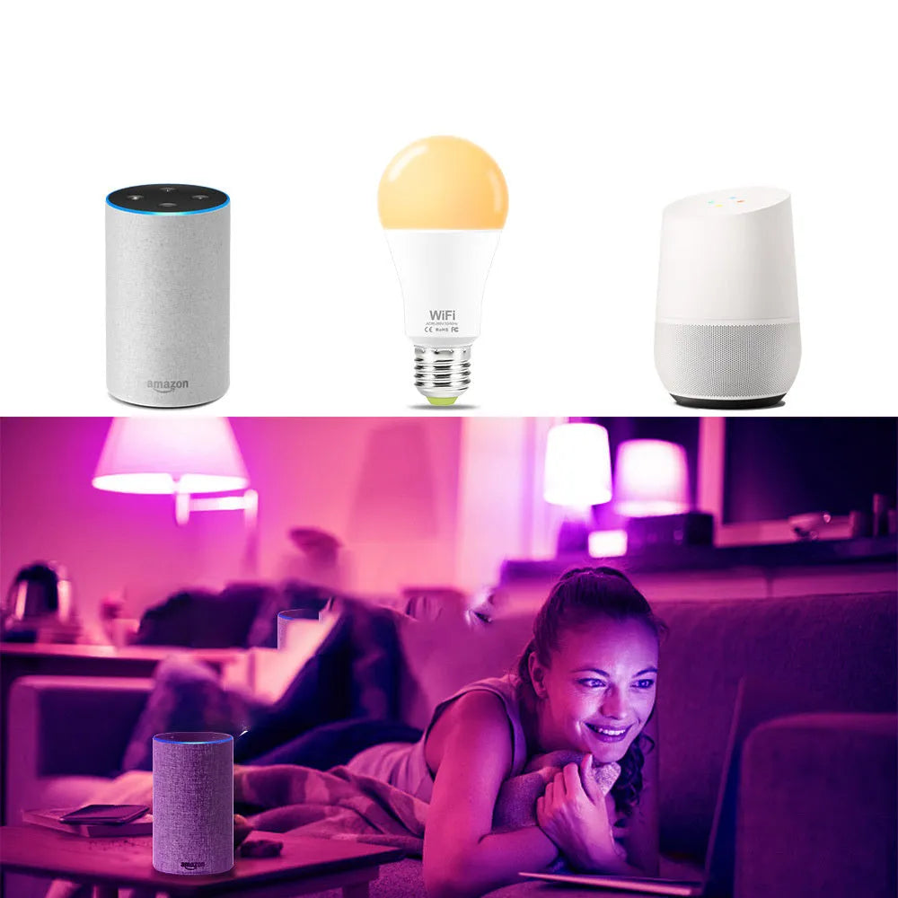 WiFi smart LED light bulb with RGB colour-changing and dimmable white light options.