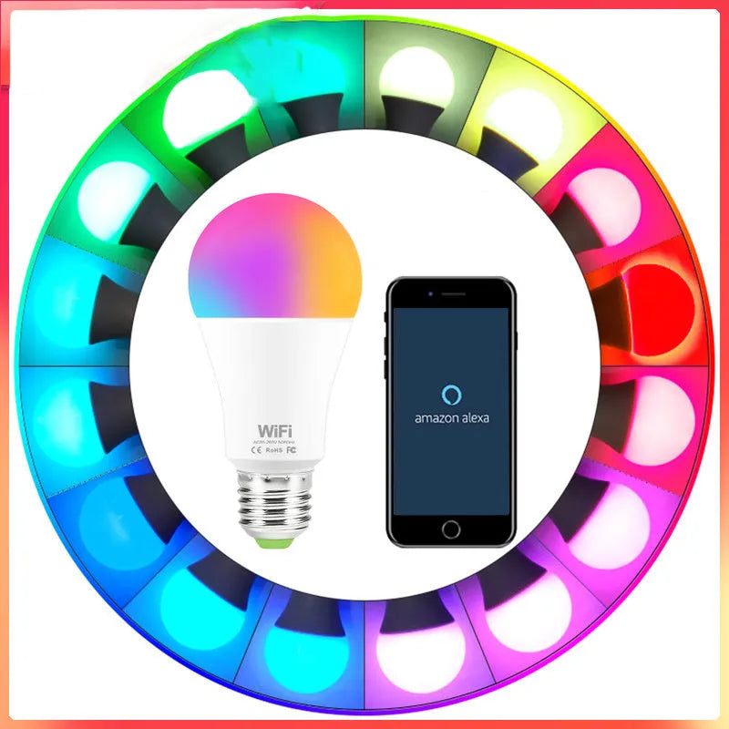 WiFi smart LED light bulb with RGB colour-changing and dimmable white light options.