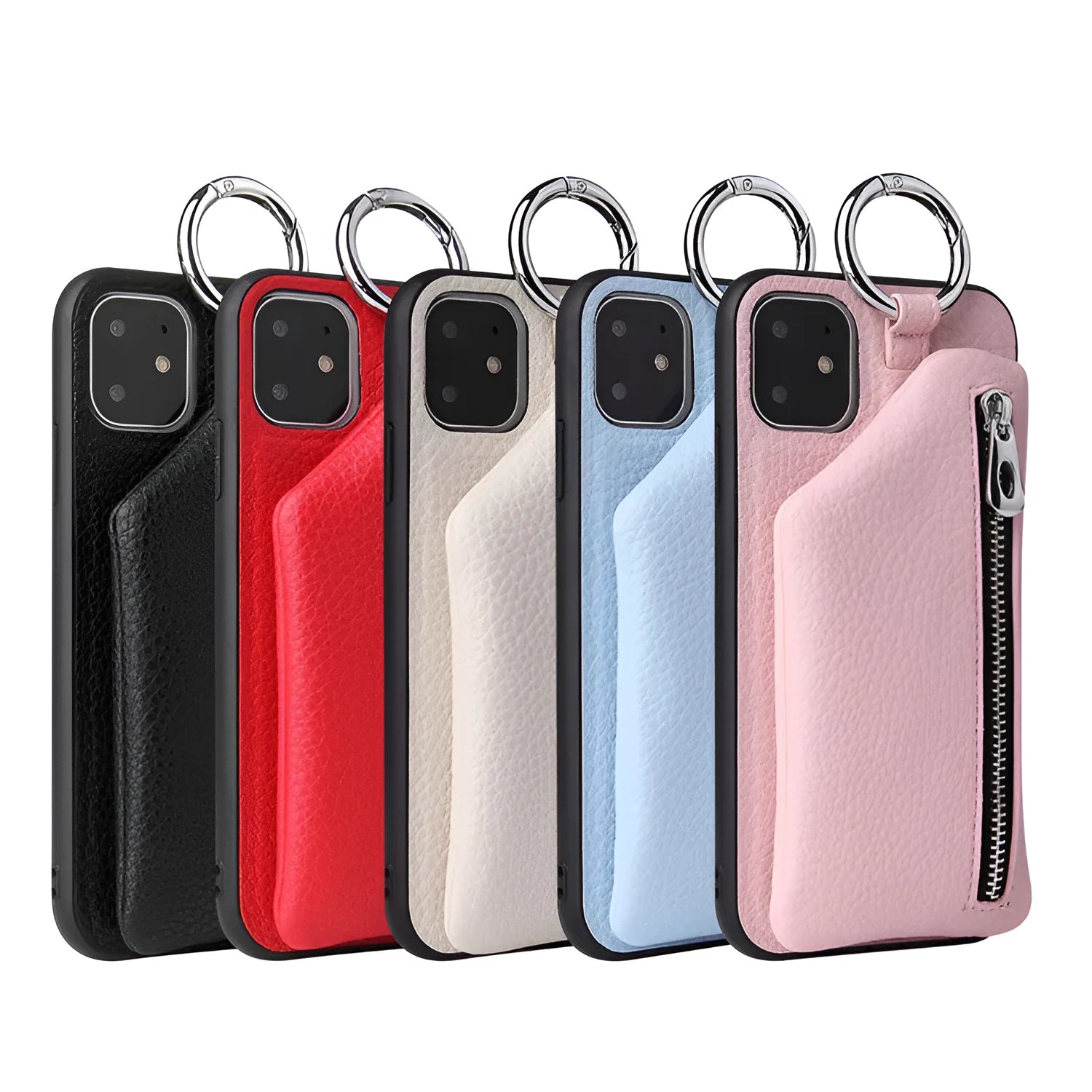 Pink imitation leather phone case with attached crossbody lanyard and a small front coin purse.