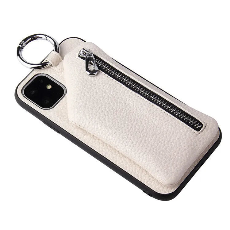 Pink imitation leather phone case with attached crossbody lanyard and a small front coin purse.