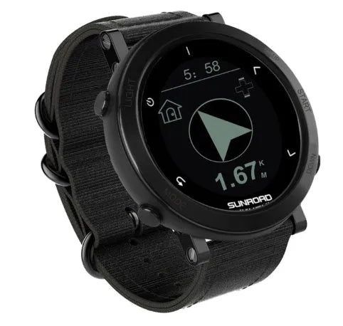 Smart sports watch with stainless steel bezel showing digital display with heart rate and GPS data