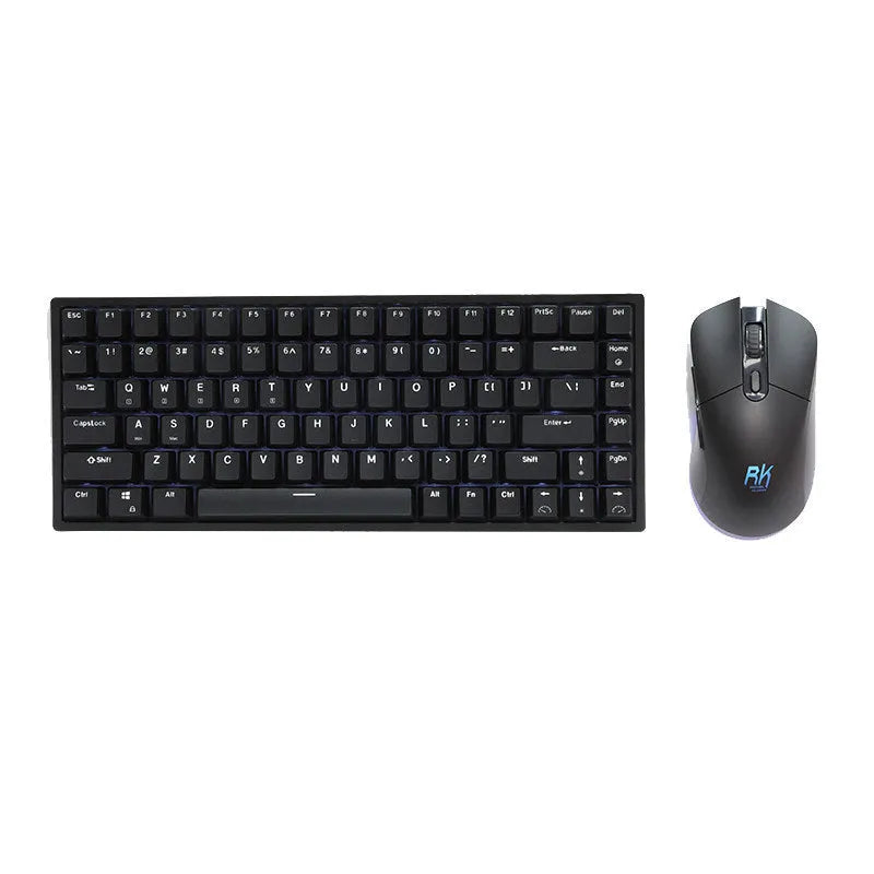 Rk526 wireless mechanical keyboard and mouse set in blue on a desk, with optical 1600 DPI mouse