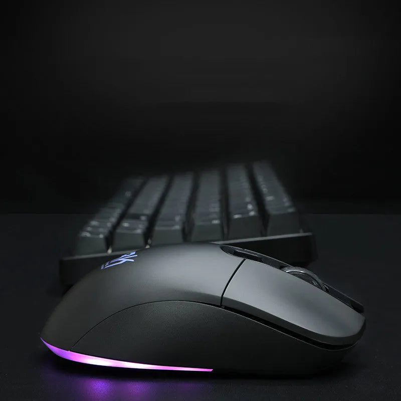 Rk526 wireless mechanical keyboard and mouse set in blue on a desk, with optical 1600 DPI mouse