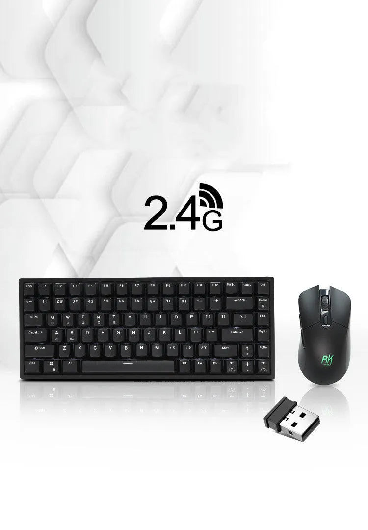 Rk526 wireless mechanical keyboard and mouse set in blue on a desk, with optical 1600 DPI mouse