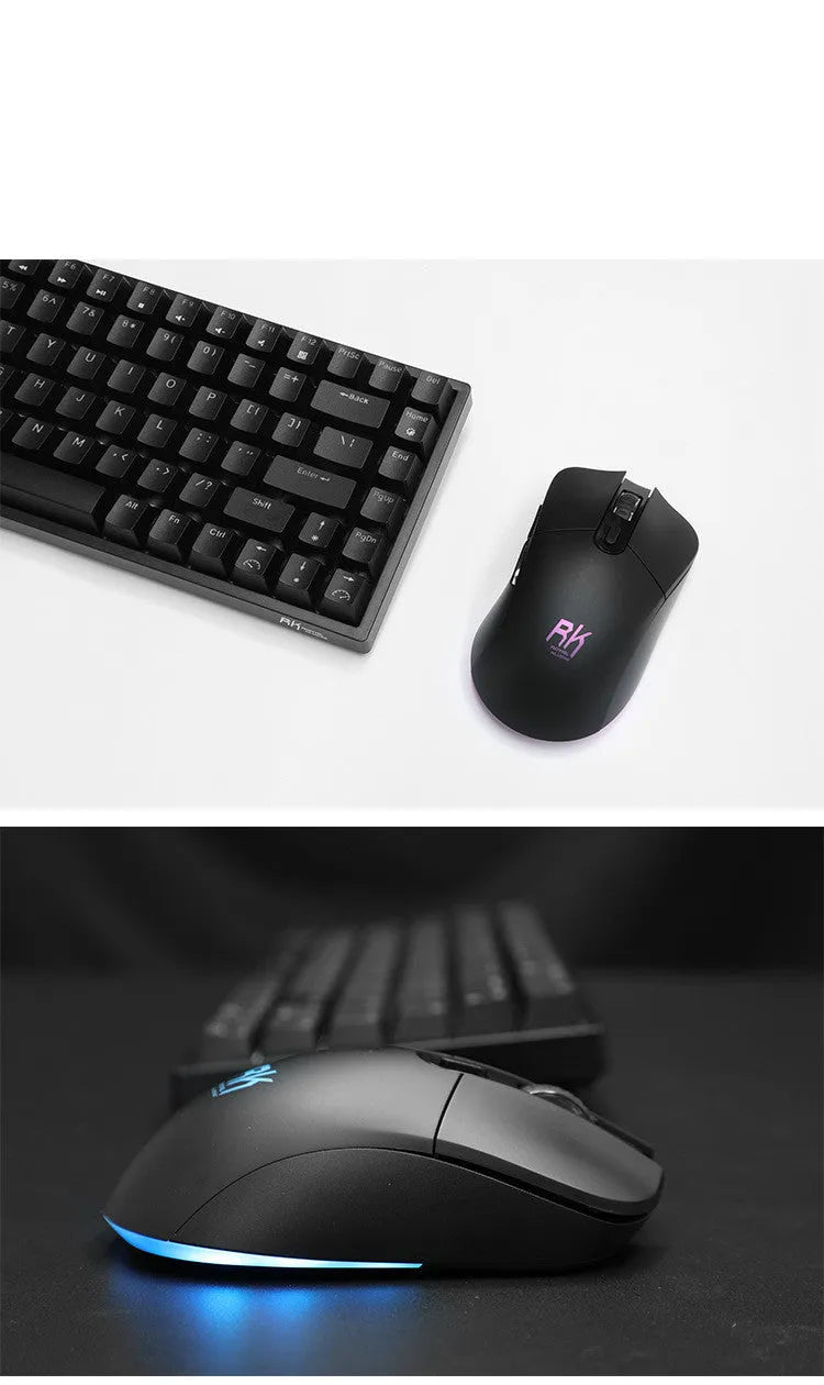 Rk526 wireless mechanical keyboard and mouse set in blue on a desk, with optical 1600 DPI mouse