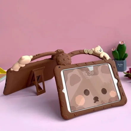 Brown cartoon-design silicone sleeve for iPad with an integrated folding stand bracket.