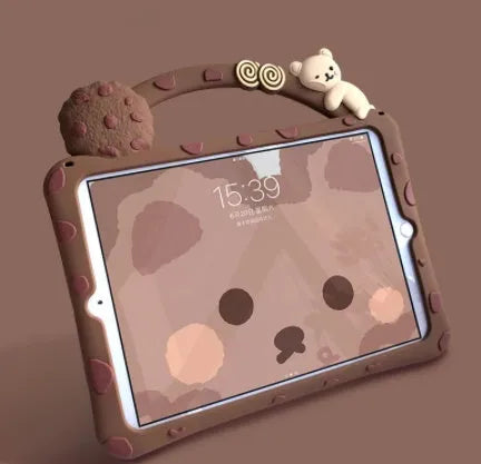Brown cartoon-design silicone sleeve for iPad with an integrated folding stand bracket.