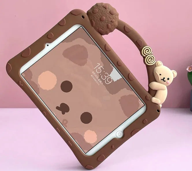 Brown cartoon-design silicone sleeve for iPad with an integrated folding stand bracket.