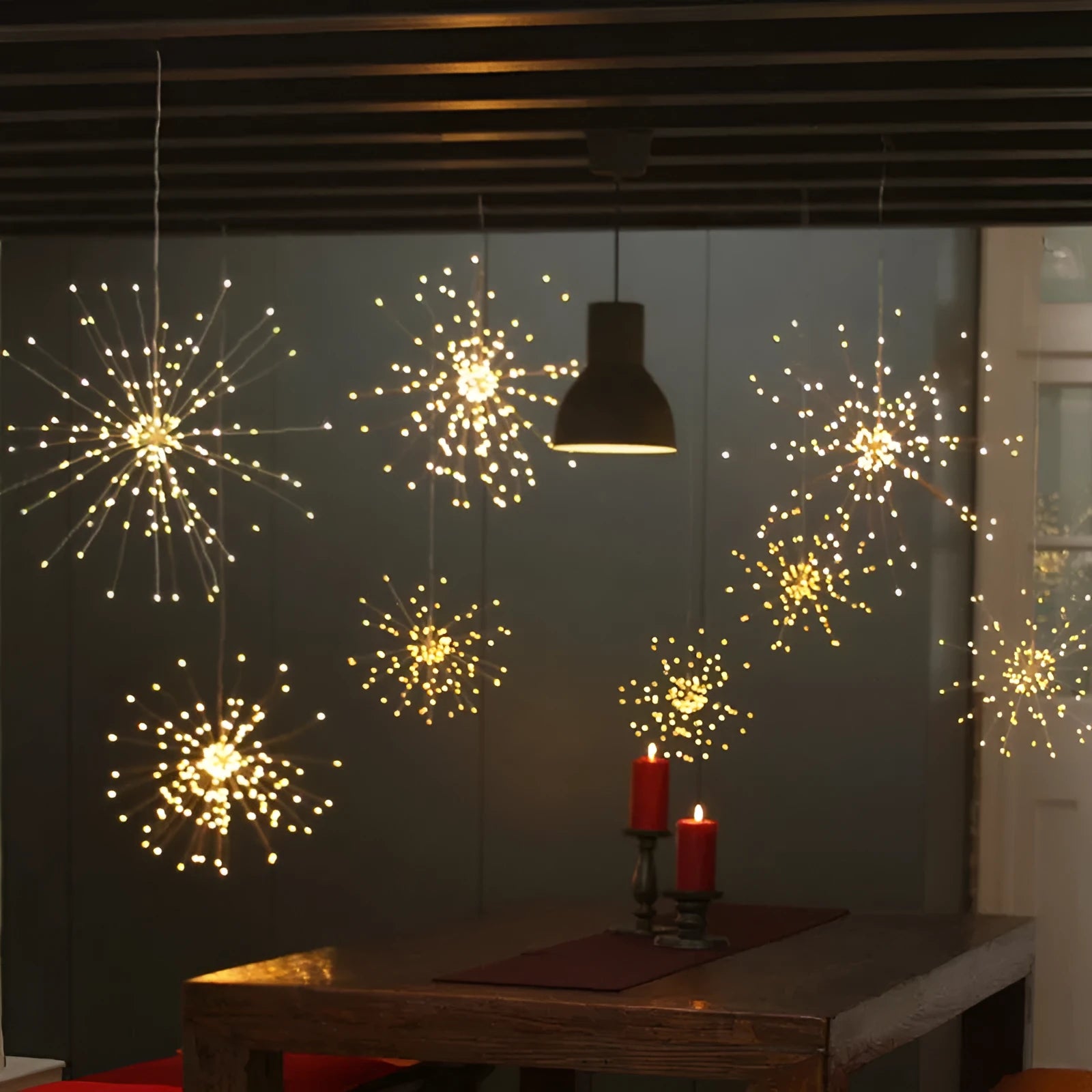 Solar-powered LED meteor shower explosion decorative light with remote control for outdoor garden use.