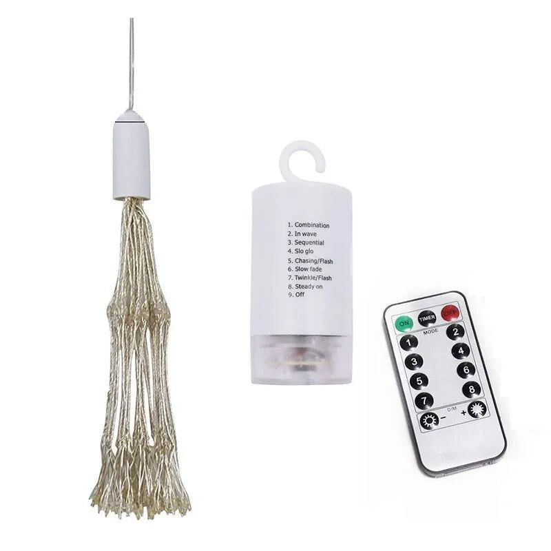 Solar-powered LED meteor shower explosion decorative light with remote control for outdoor garden use.